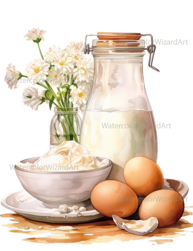 May include: A still life featuring a glass jar of milk, a bowl of whipped cream, three brown eggs, and a bouquet of white daisies in a glass vase. The items are arranged on a wooden surface.