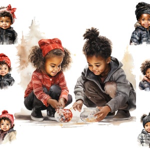 Clipart aquarelle noir pour enfants, enfants jouant au format PNG, enfants, clipart garçon et fille, usage Commercial complet, sublimation
