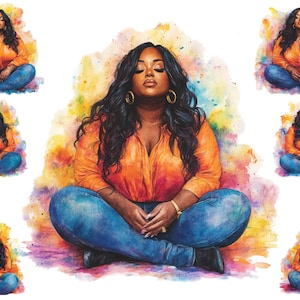 Watercolour African American Plus Size Model Meditating Clipart, Black Curvy Woman Png, Fashion Woman,  Full Commercial Use