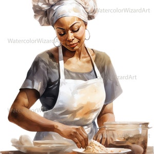 May include: A woman wearing a white chef's hat and apron is preparing food in a kitchen. She is carefully adding ingredients to a white plate. The scene is painted in a watercolor style.