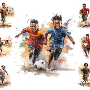 Niños negros felices jugando al fútbol en acuarela, clipart, niños jugando al fútbol, uso comercial completo, sublimación
