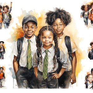 Aquarell afroamerikanische Kinder Clipart, Kinder zurück zu Schule Png, Schule Jungen und Mädchen Clipart, volle kommerzielle Nutzung, Sublimation