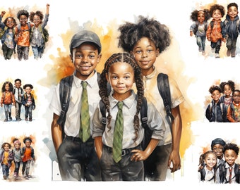 Watercolour African American Kids Clipart, Kids Back To School Png, School Boy And Girl Clipart,  Full Commercial Use, Sublimation