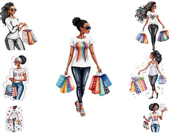 Watercolour Stylish African American Shopping Girl Clipart, Black Woman Shopping Png, Fashion Girl