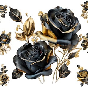 Aquarell Schwarz Gold Rosen Clipart, süße Schwarz Gold Rosen Png, mystische Clipart, voll kommerzielle Nutzung, Fine Line Art