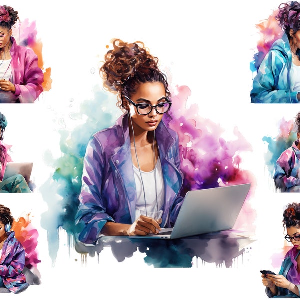 Watercolour Black Woman Working With Laptop From Home Clipart, Girl Studying Clipart,  Student Clipart,   Full Commercial Use