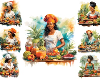 Watercolour Black Woman Chef Clipart, Afro Woman Chef Png, Tropical Kitchen,  Cooking Job Clipart,  Full Commercial Use