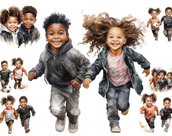Aquarell schwarz Kinder Clipart, Kinder spielen Png, Kinder, Junge und Mädchen Clipart, volle kommerzielle Nutzung, Sublimation