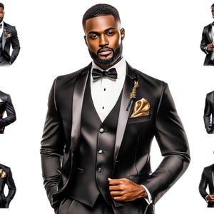 May include: A man wearing a black tuxedo with a satin lapel, a white shirt, a black bow tie, and a gold pocket square. He is standing with his hands in his pockets.