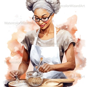May include: A woman with gray hair and glasses is stirring a bowl of brown ingredients with a wooden spoon. She is wearing a white apron over a gray shirt. The bowl is on a wooden tray with a smaller bowl next to it.