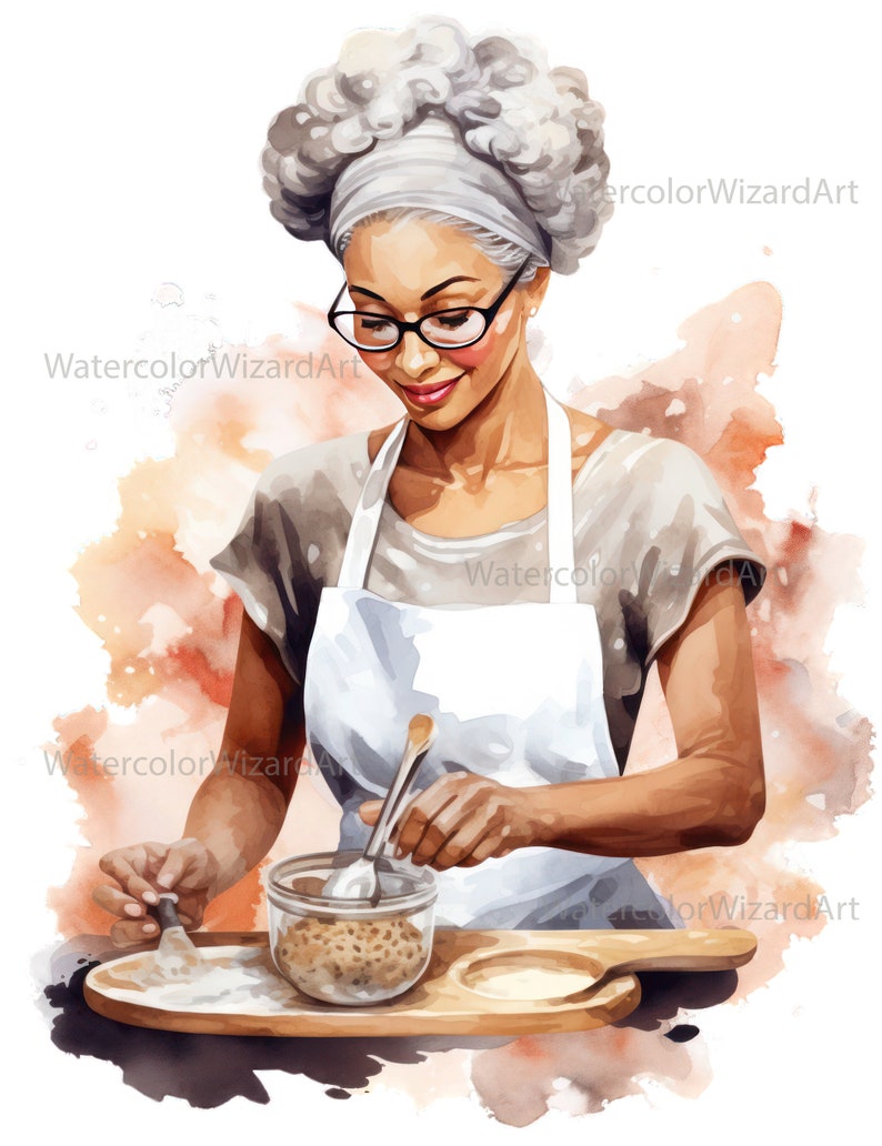 May include: A woman with gray hair and glasses is stirring a bowl of brown ingredients with a wooden spoon. She is wearing a white apron over a gray shirt. The bowl is on a wooden tray with a smaller bowl next to it.