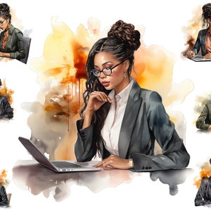 Watercolour Black Lady Boss Clipart, Business Woman Png,  Full Commercial Use, Sublimation Png