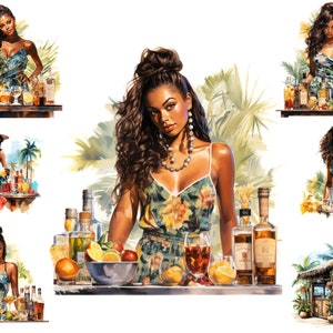 Clipart barman aquarelle femme noire, femme barman afro Png, clipart cocktail tropical, usage Commercial