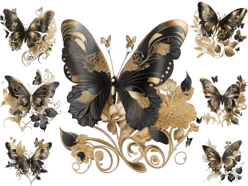 Watercolour Black Gold Butterfly Clipart Flowers Butterflies Etsy