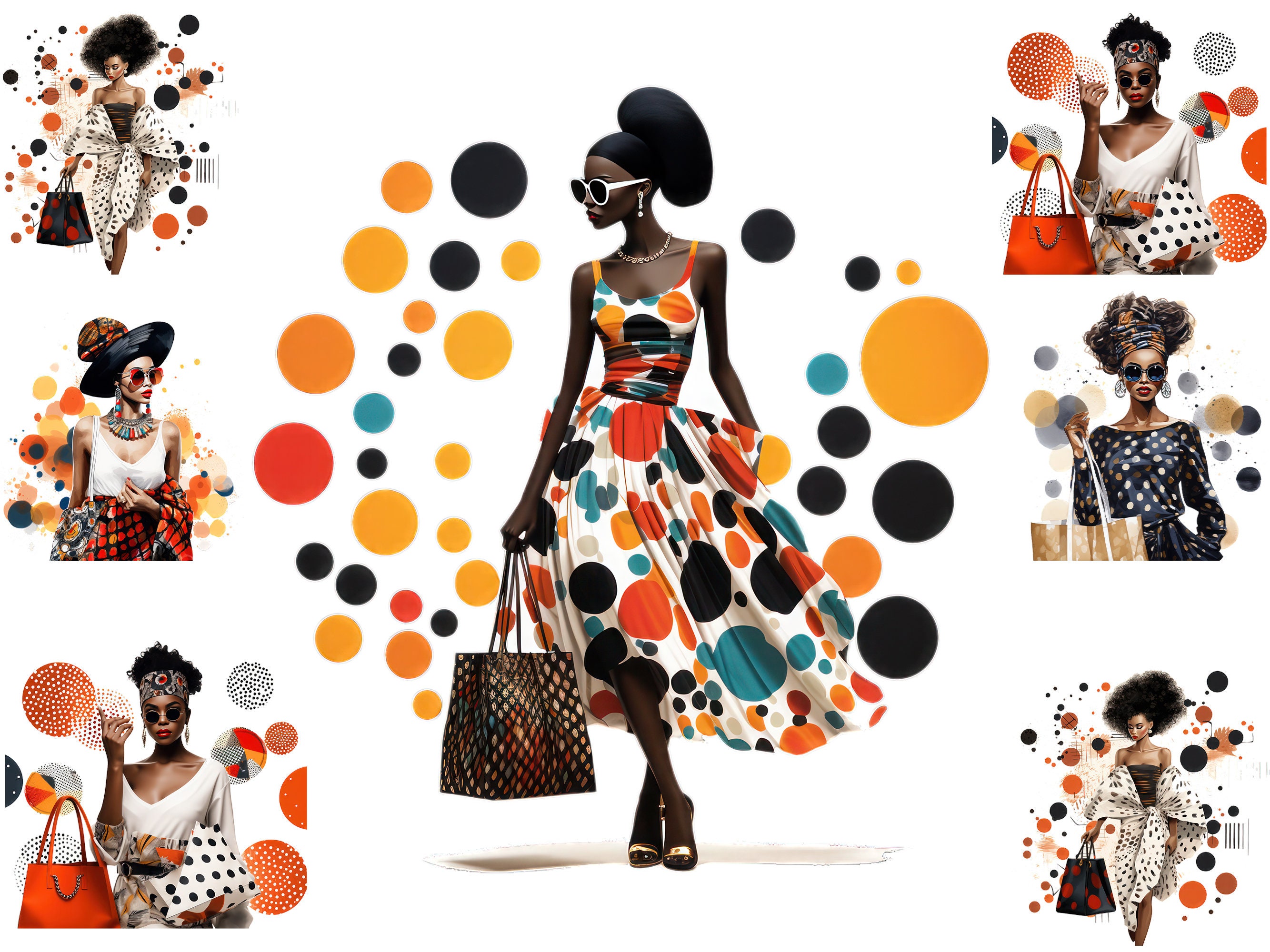 Watercolour African American Shopping Girl Clipart, Black Woman Shopping Png, Fashion Girl