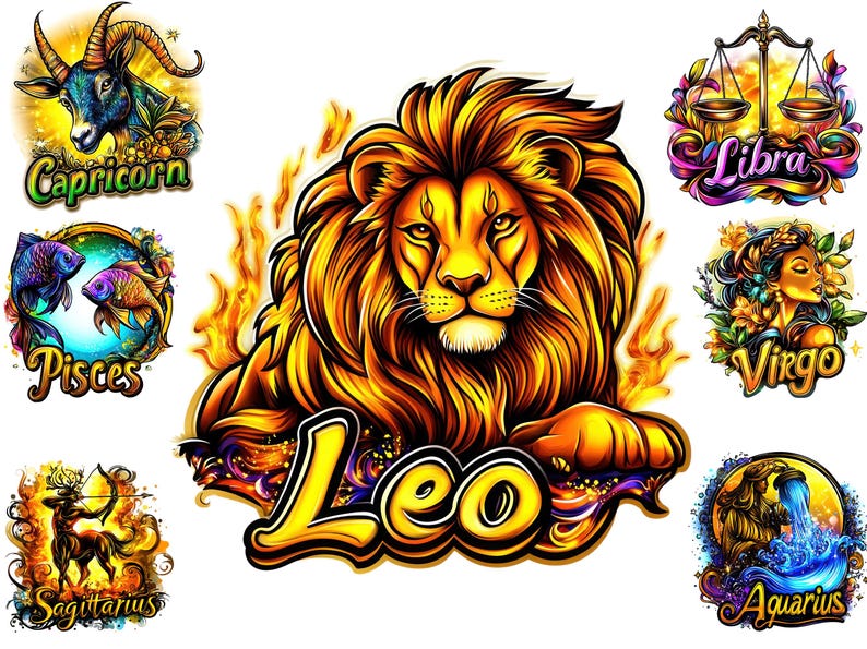 May include: Colourful illustrations of the 12 zodiac signs. Each sign is depicted with a unique animal or symbol. The signs include Capricorn, Pisces, Sagittarius, Leo, Libra, Virgo, and Aquarius.