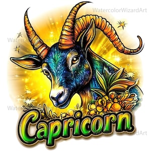 May include: A colourful illustration of a Capricorn zodiac sign. The image features a blue and gold goat with a star-filled background and the word "Capricorn" in green and yellow letters.