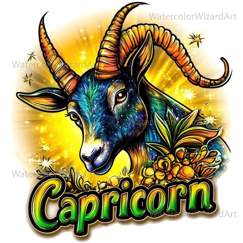 May include: A colourful illustration of a Capricorn zodiac sign. The image features a blue and gold goat with a star-filled background and the word "Capricorn" in green and yellow letters.