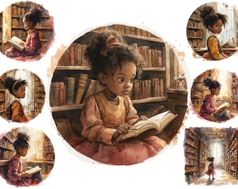 Acuarela Bookworm Black Little Girl Clipart, Girl Books Clipart, Book Lover PNG, Vintage Style Reading Png, Uso comercial completo