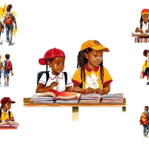 Aquarell afroamerikanische Kinder Clipart, Kinder zurück zu Schule Png, Schule Jungen und Mädchen Clipart, volle kommerzielle Nutzung, Sublimation