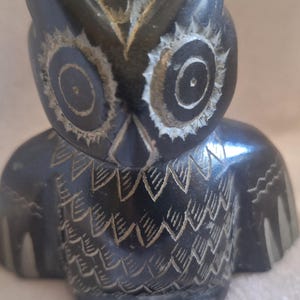 May include: A dark charcoal grey carved stone owl figurine featuring etched white detailing around the eyes and a textured feather pattern across the chest and wings. The owl has a pointed beak and circular eyes with concentric ring carvings.