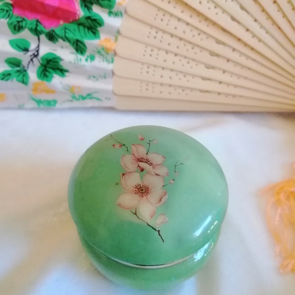 Vintage jade green with blossom hinged trinket box,