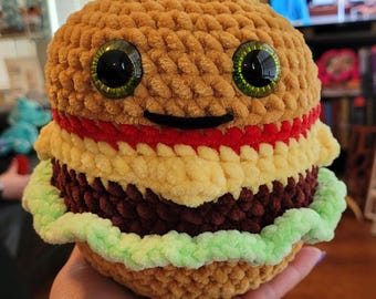 Crochet Cheeseburger soft plushie.