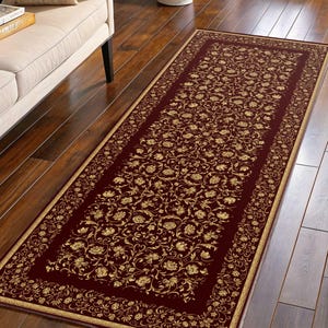 Alfombra de pasillo color burdeos dorado, estilo floral Oushak, estilo francés, flor oriental, turco granate oscuro