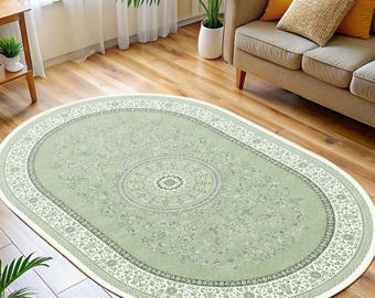Tapete oval turco em tons pastel verde-sálvia, estilo boho floral, vintage oushak, rústico tradicional.