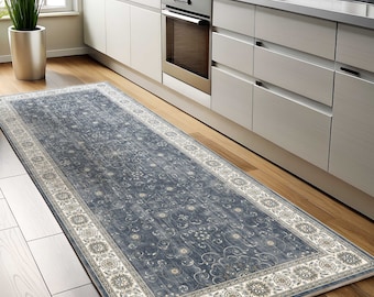 Turkish Runner Rug For Kitchen, Navy Distressed, Vintage Wide Hallway, Antique Floral, Midnight Blue