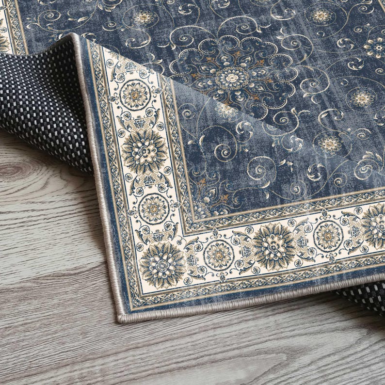 Türkischer Läufer Teppich Für Küche, Navy Distressed, Vintage Breite Flur, Antike Blumen, Mitternachtsblau Bild 8