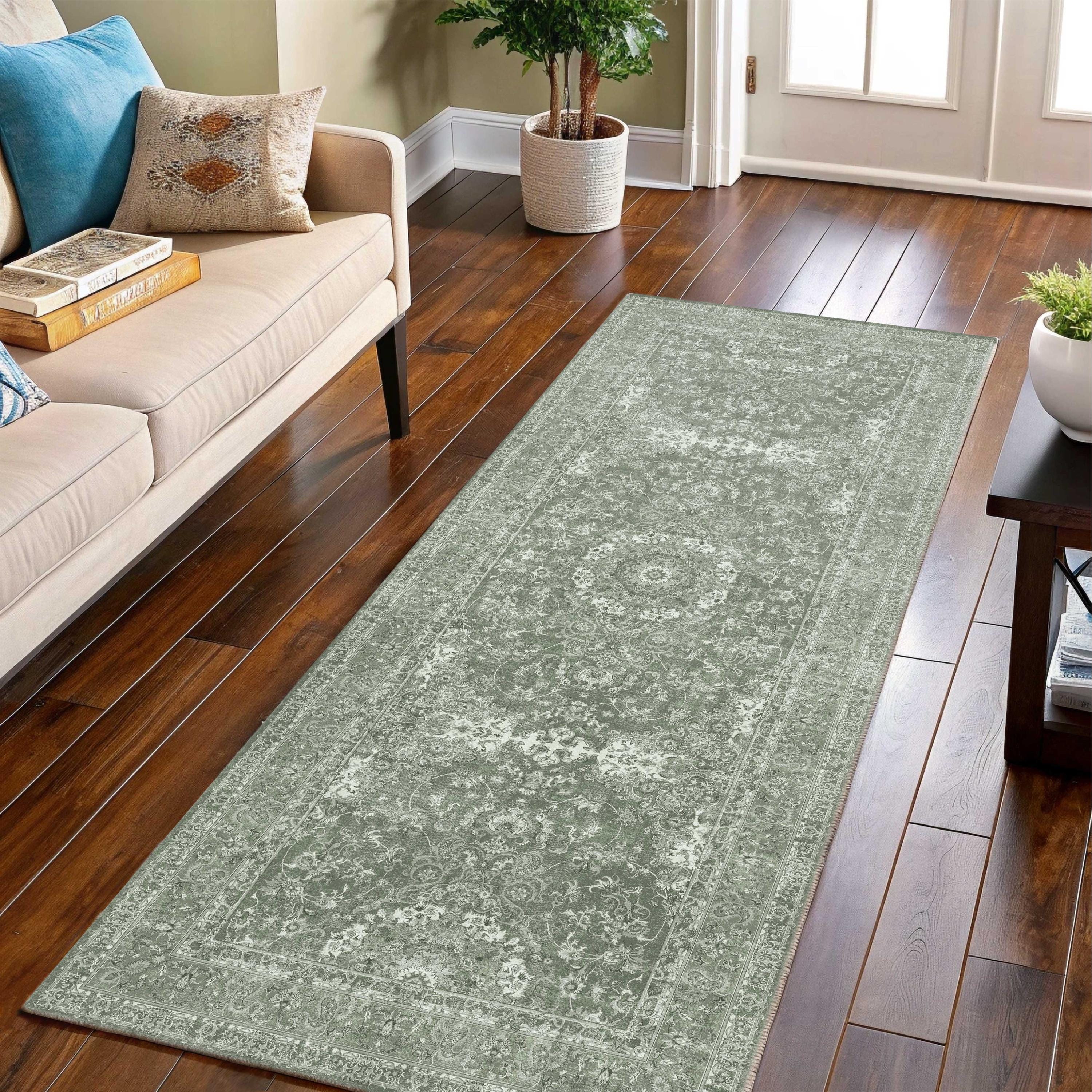Earthy Green Rug Runner Sage Green Turkish Runner Rug, Pale Boho Floral, Muted Oushak, Rustic ...