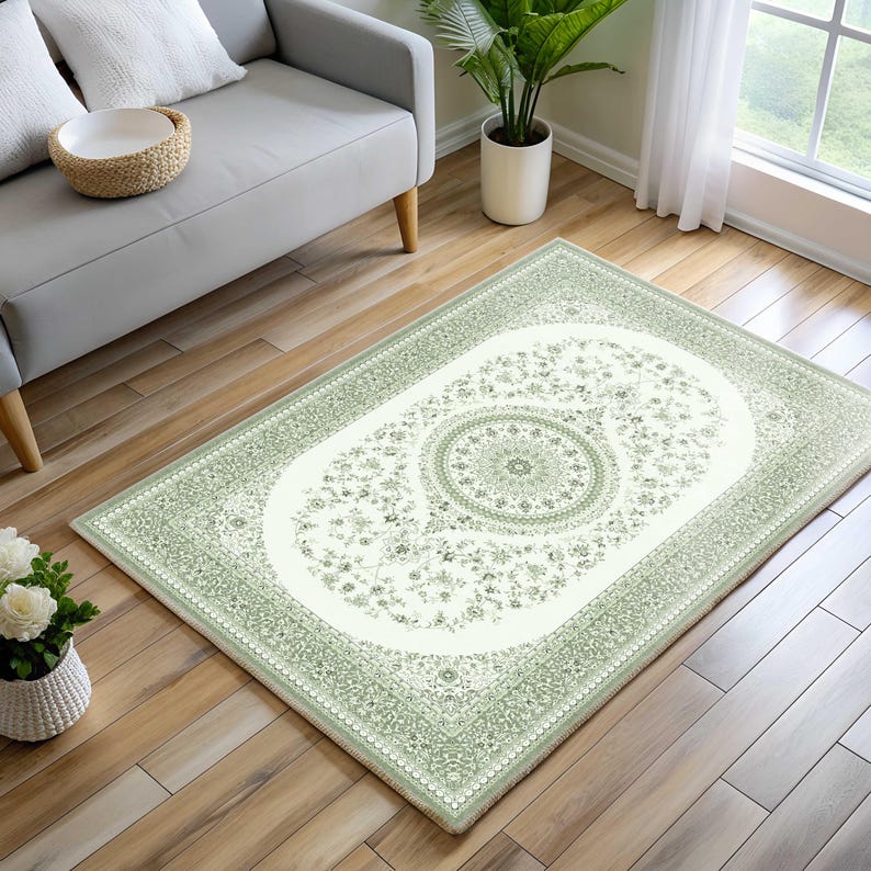 Sage Green Cream Rug, Oval Pastel Turkish, Boho Rustic Floral, Muted ...
