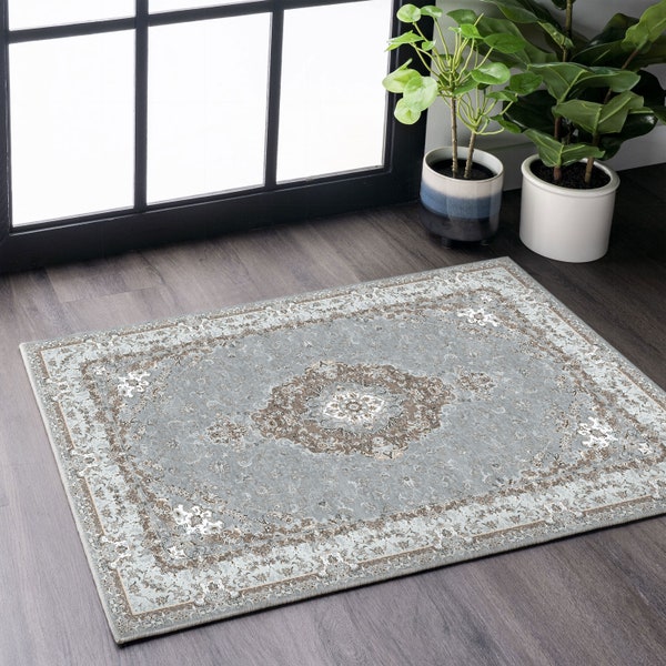 Ice Blue Floral Rug, Distressed Rug, Faded Oriental Rug, Blue White Area Rug, Faded Aubusson Rug, Blue White Retro Rug, Pale Blue Oushak Rug