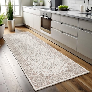 Boho blommig löparmatta, antik lång bred matta, krämbeige, turkisk oushak, modern vintage