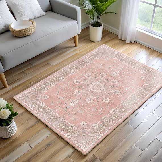 Traditional Area Rug, Dusty Coral Pink, Distressed Turkish, Pastel