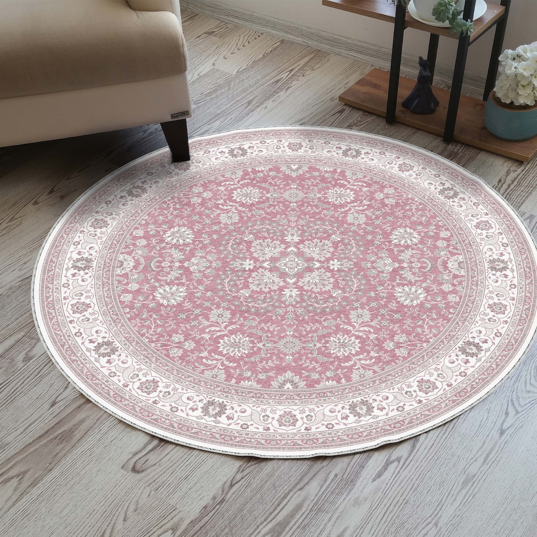 Round Pink Floral Rug, Rustic Oushak Area, Authentic Boho, Dusty Rose ...