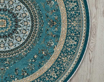 Runder blaugrüner Oushak-Teppich, türkisches Boho-Blumen, Vintage orientalischer Bereich, antiker traditioneller, rustikaler authentischer