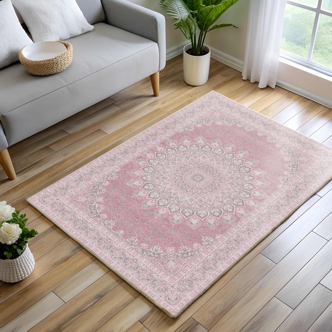 Pink Turkish Boho Rug, Floral Mandala, Dusty Rose, Muted Oushak, Faded ...