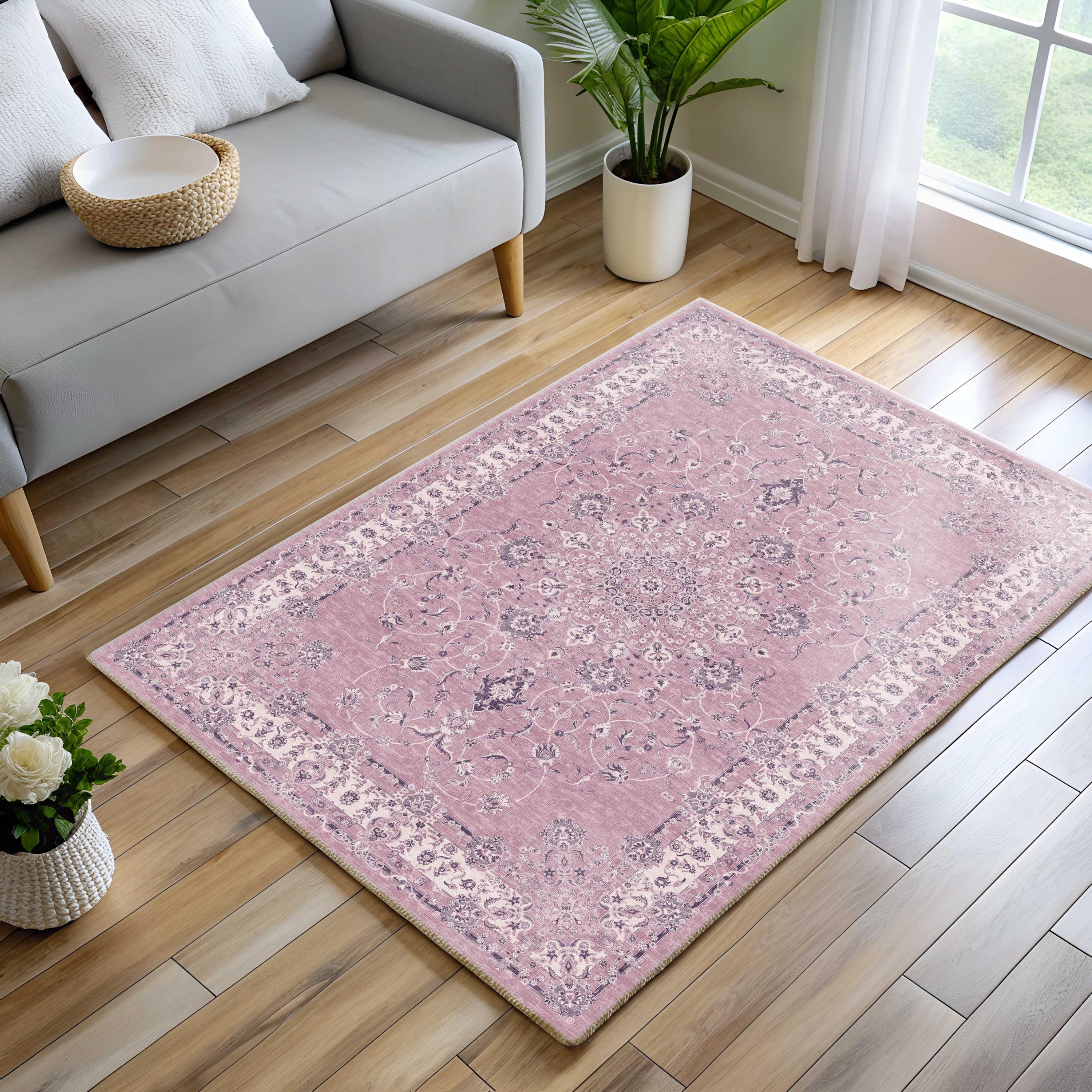 くすみピンク　188×91cm ボタニカル　Turkish Rug トルコラグ Traditional Area Rug, Dusty Coral Pink, Distressed Turkish, Pastel