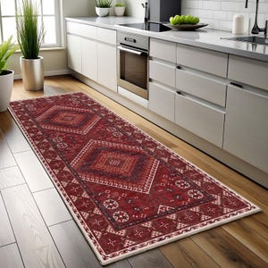 Turkish Runner Rug, Burgundy Cream, Scandi Ethnic, Wide Runner For Kitchen, Vintage Hallway, Antique Maroon Black Entryway, Custom Oushak