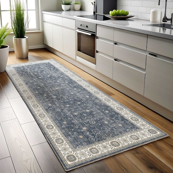 Turkish Runner Rug For Kitchen, Navy Distressed, Vintage Wide Hallway, Antique Floral, Midnight Blue