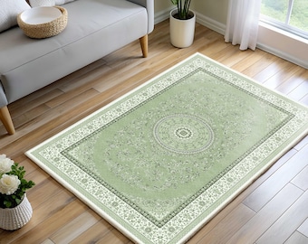 Sage Green Area Rug, Pastel Turkish, Modern Boho Floral