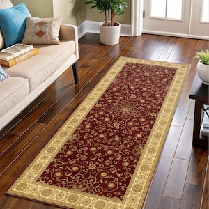 Turkish Rug Runner For Room, Floral Oushak, Gold Burgundy, Vintage Hallway, Antique Elegant, Boho Corridor, Custom Wide Long, Chic Authentic