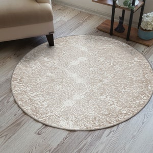 Round Aesthetic Rug, Ivory French Carpet, Beige White Art, Circle Cream, Muted Abstract, Circular Modern, Soft Light Color, Contemporary