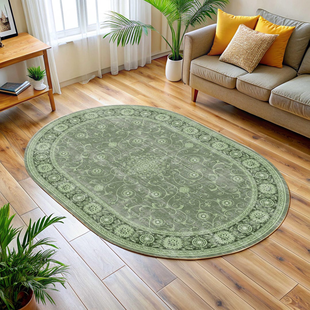 Oval Sage Green Rug, Distressed Boho, Floral Turkish, Vintage Faded ...
