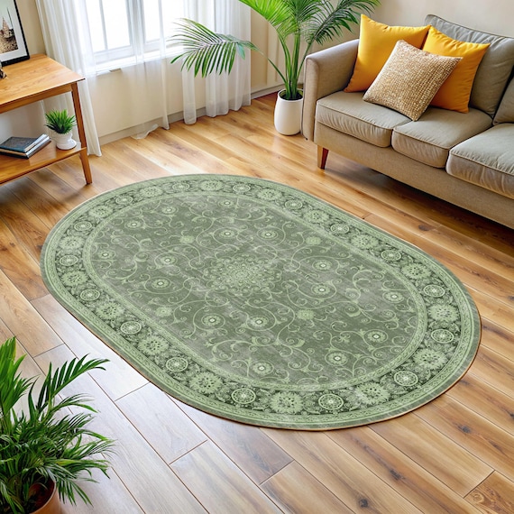Oval Sage Green Rug, Distressed Boho, Floral Turkish, Vintage Faded, Antique Oriental, Bohemian Traditional