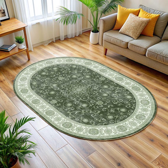 Oval Turkish Rug, Dark Sage Green, Floral Vintage, Antique Distressed, Bohemian Traditional, Rustic Authentic