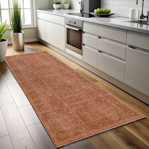 May include: A rectangular, rust-colored runner rug with an ornate, faded floral pattern. The rug has a cream-colored border and is placed on a wooden floor in a kitchen setting. The rug is long and narrow, designed for a hallway or kitchen.