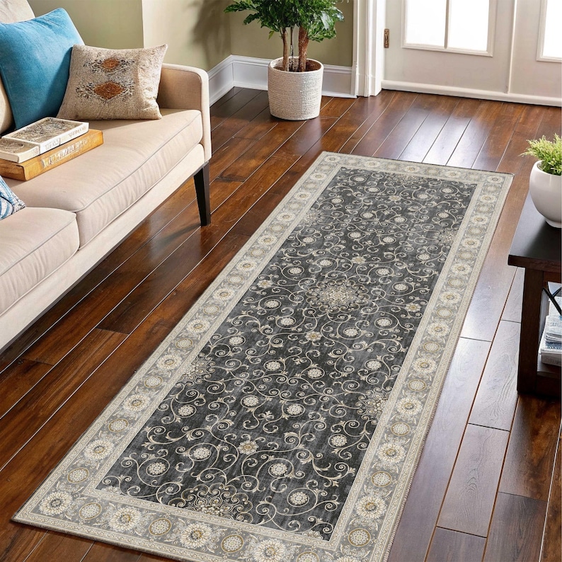 Türkischer Läufer Teppich Für Küche, Navy Distressed, Vintage Breite Flur, Antike Blumen, Mitternachtsblau Schwarz